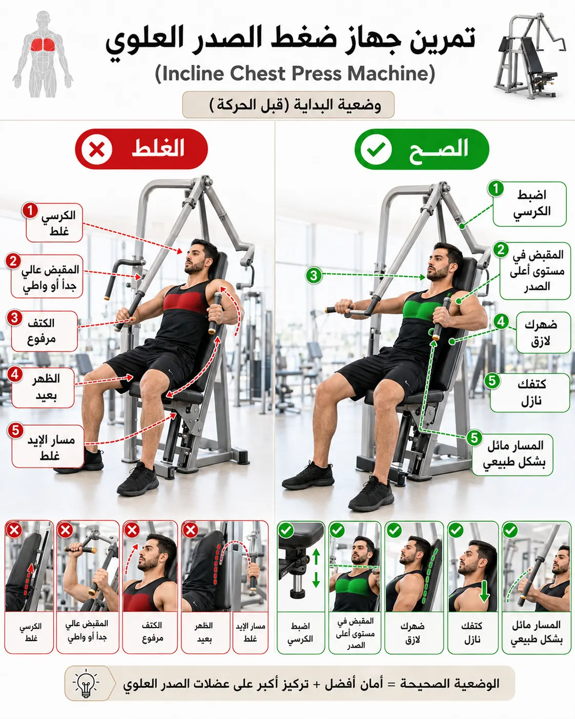 دليل الأداء الصحيح والخاطئ لتمرين جهاز ضغط الصدر العلوي