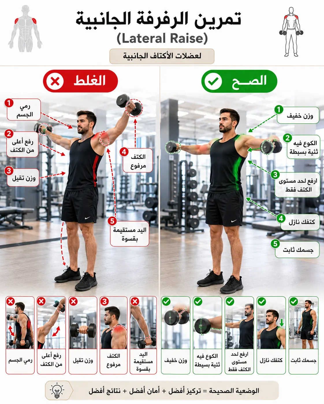 دليل الأداء الصحيح والخاطئ لتمرين الرفرفة الجانبية