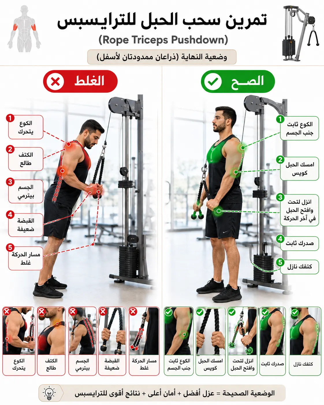 دليل الأداء الصحيح والخاطئ لتمرين ترايسبس بالحبل