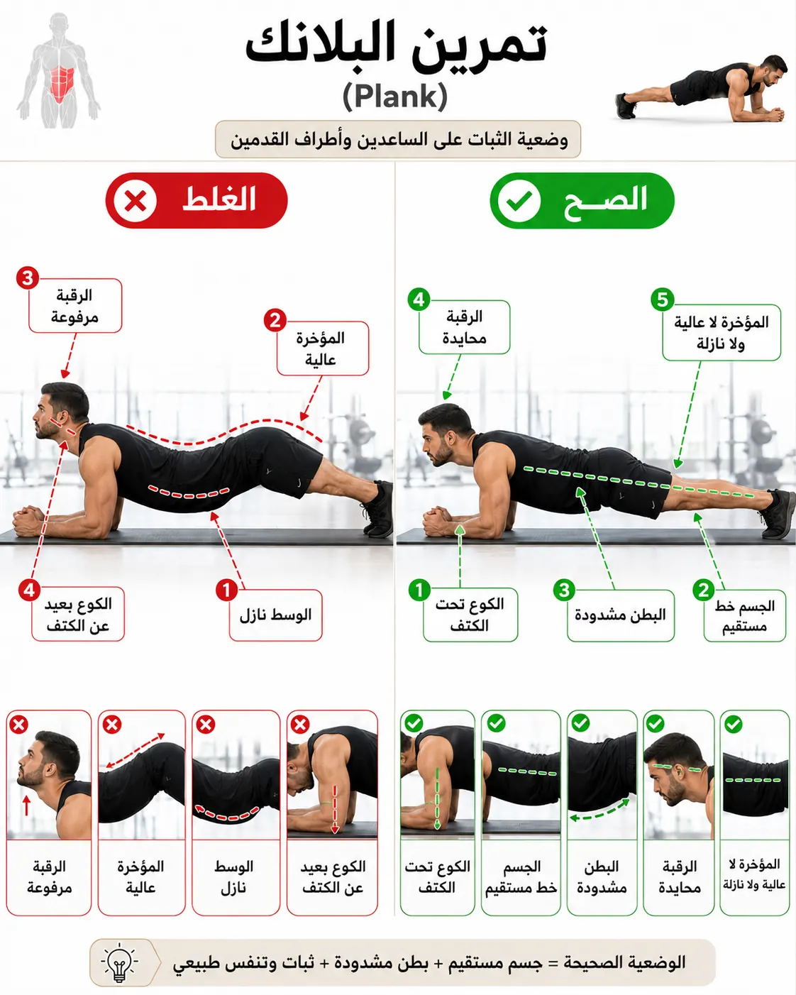 دليل الأداء الصحيح والخاطئ لتمرين بلانك