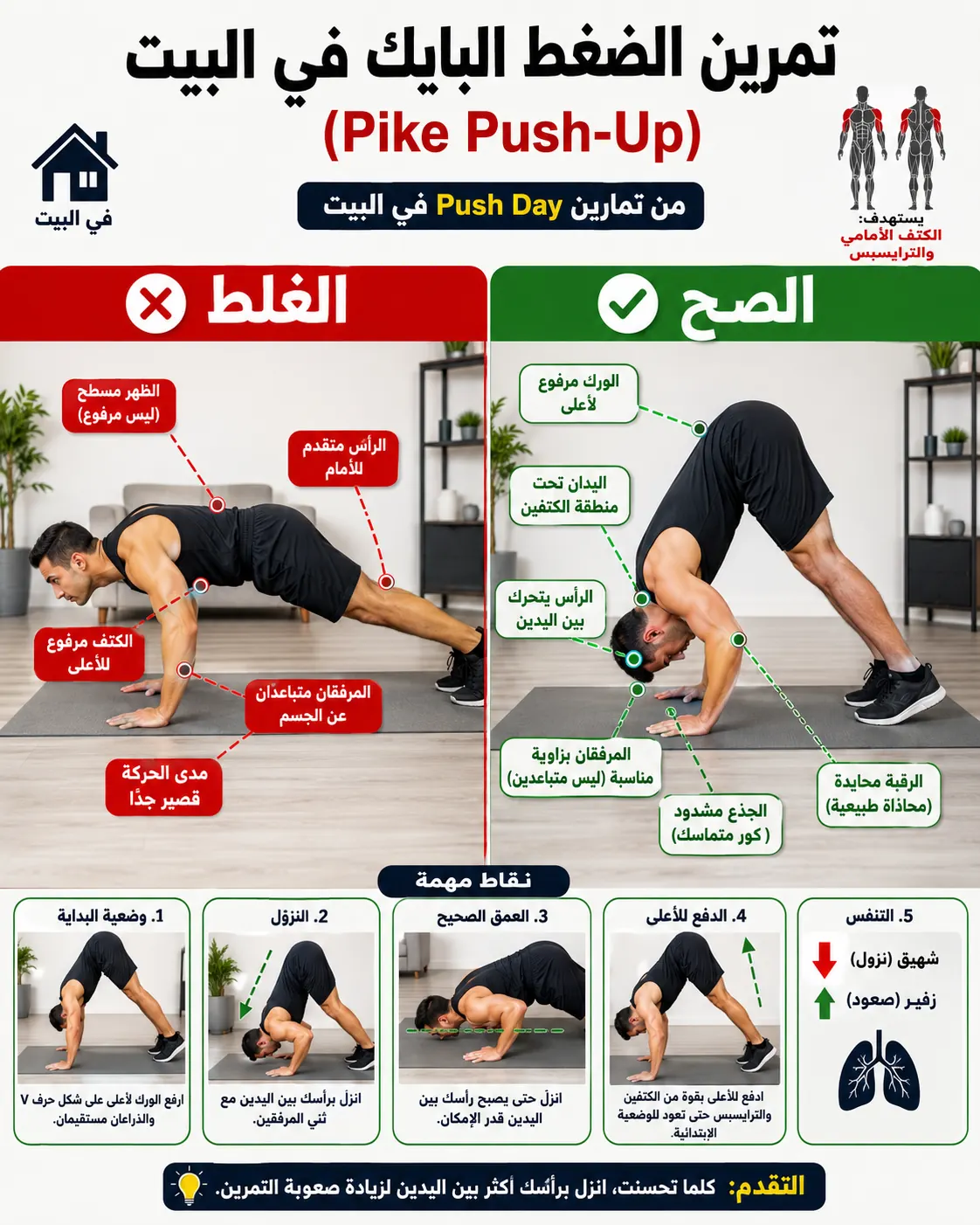 دليل الأداء الصحيح والخاطئ لتمرين ضغط كتف بايك
