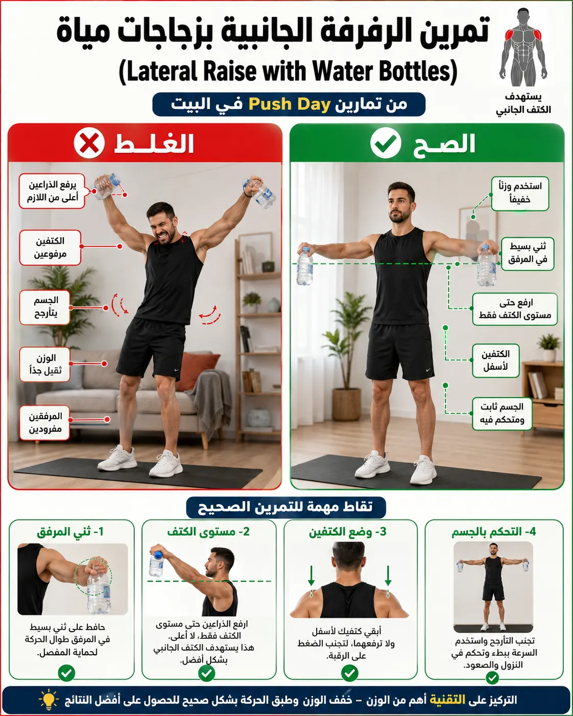 دليل الأداء الصحيح والخاطئ لتمرين رفرفة جانبية بزجاجتين