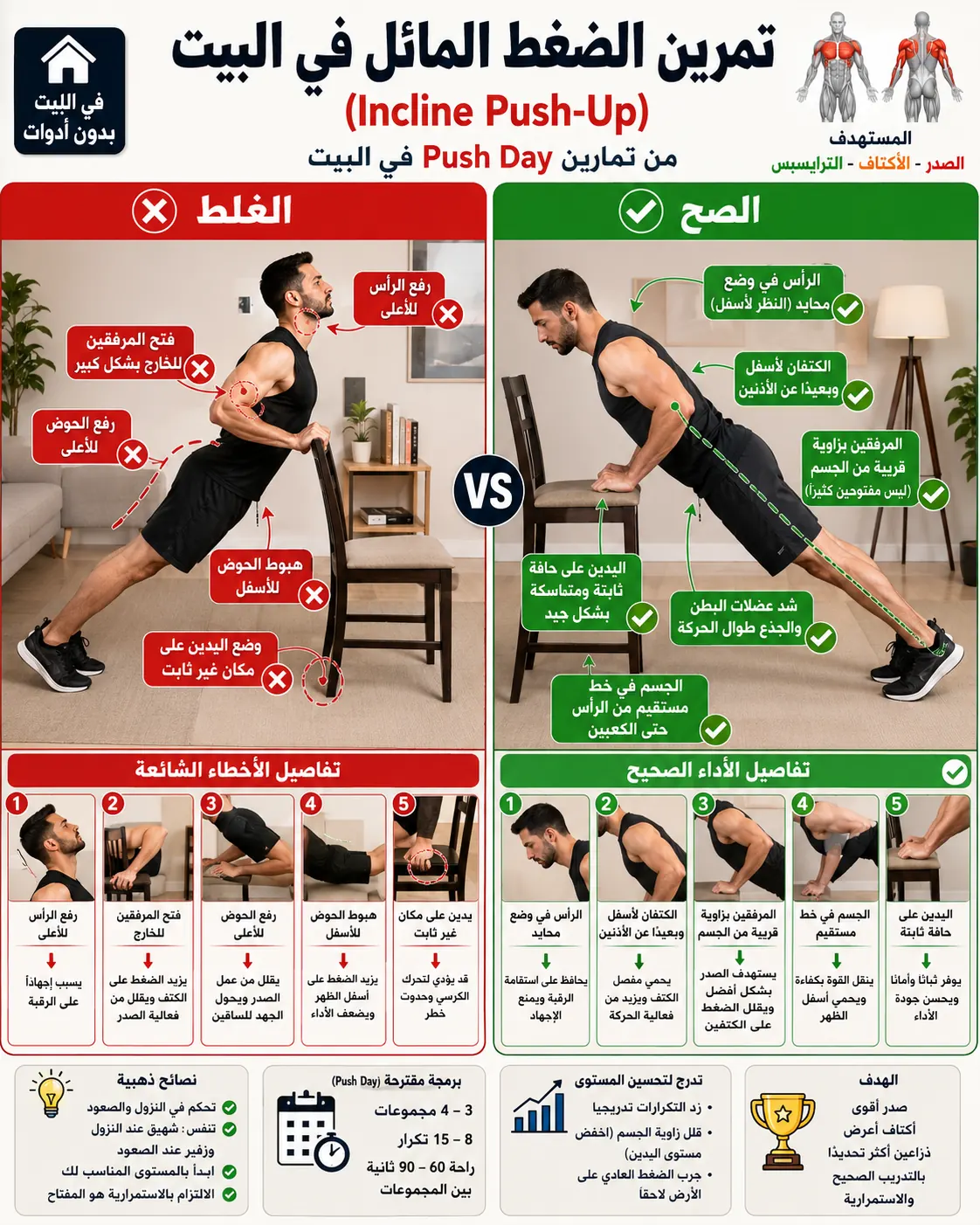 دليل الأداء الصحيح والخاطئ لتمرين ضغط مائل قبضة ضيقة