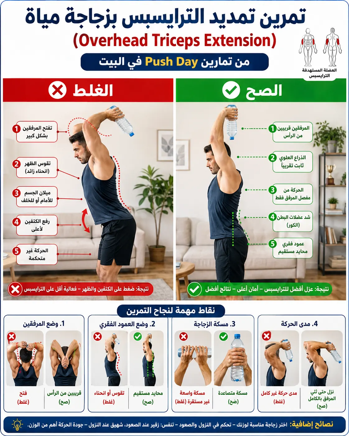 دليل الأداء الصحيح والخاطئ لتمرين ترايسبس فوق الرأس بزجاجة
