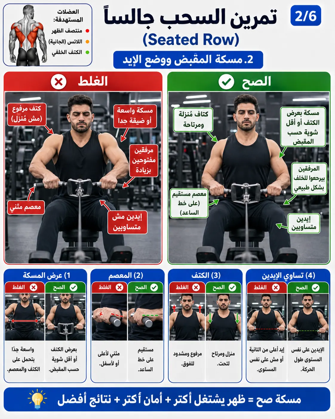 دليل الأداء الصحيح والخاطئ لتمرين السحب جالسًا