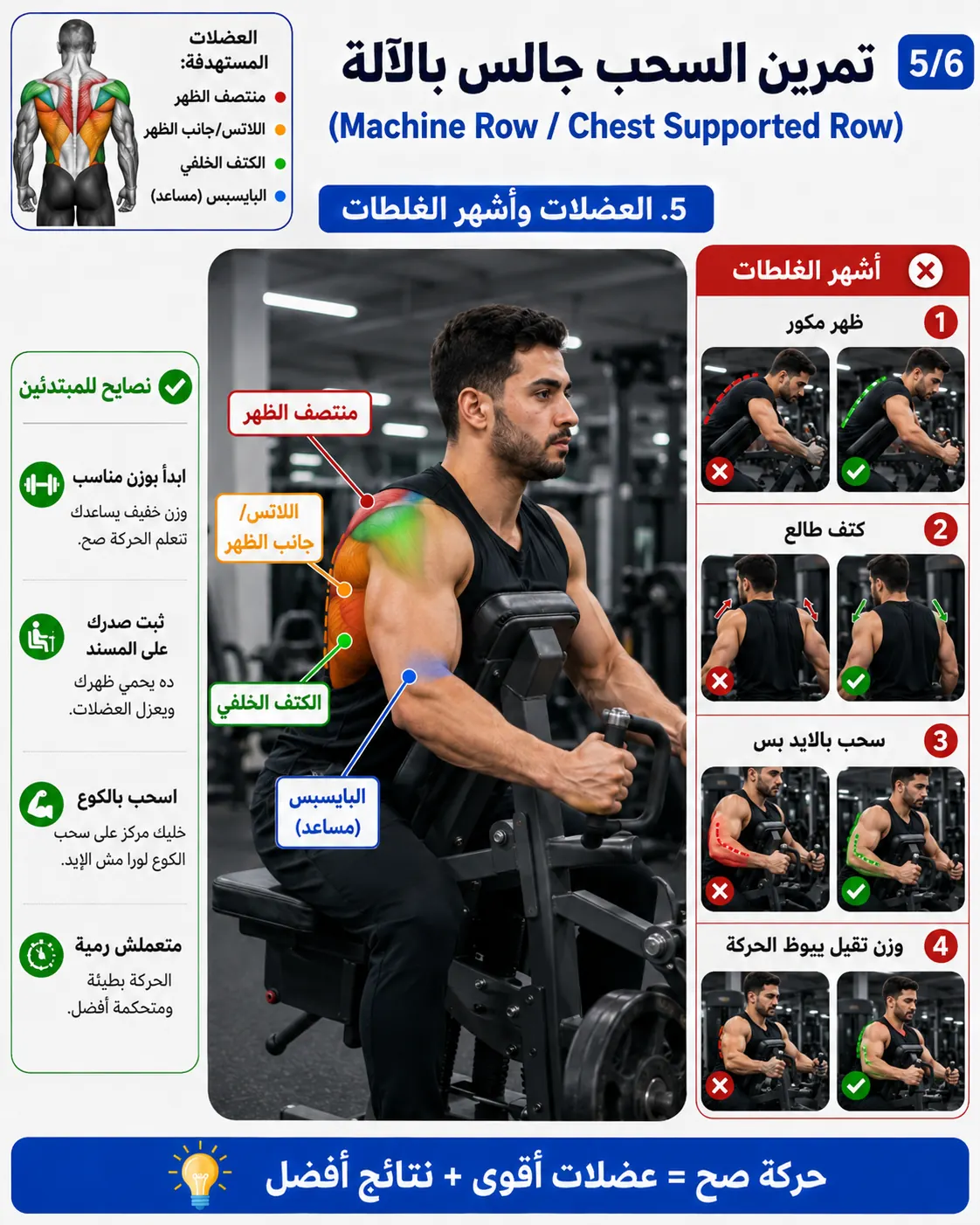 دليل الأداء الصحيح والخاطئ لتمرين السحب بالآلة مع دعم الصدر