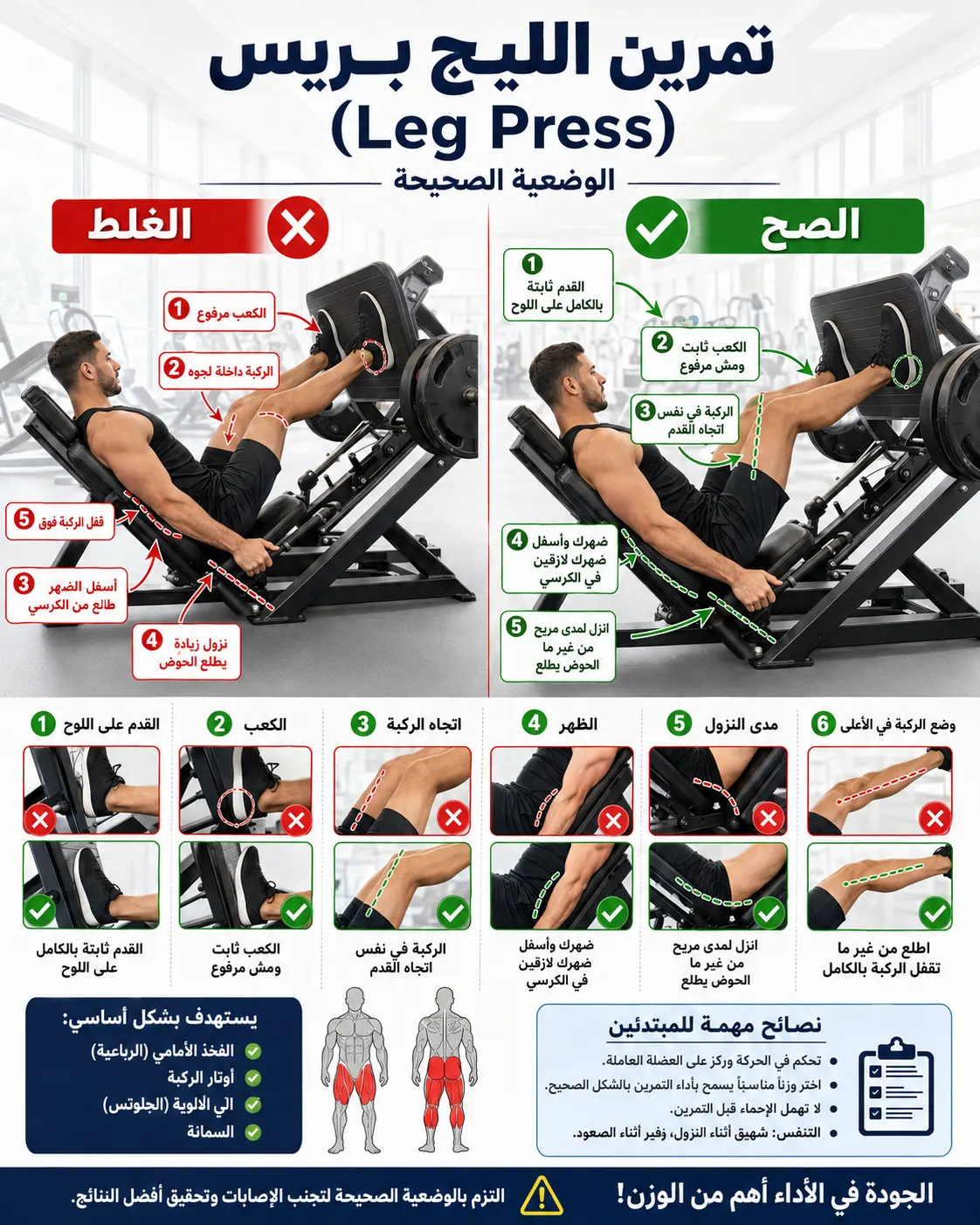دليل الأداء الصحيح والخاطئ لتمرين ضغط الرجل