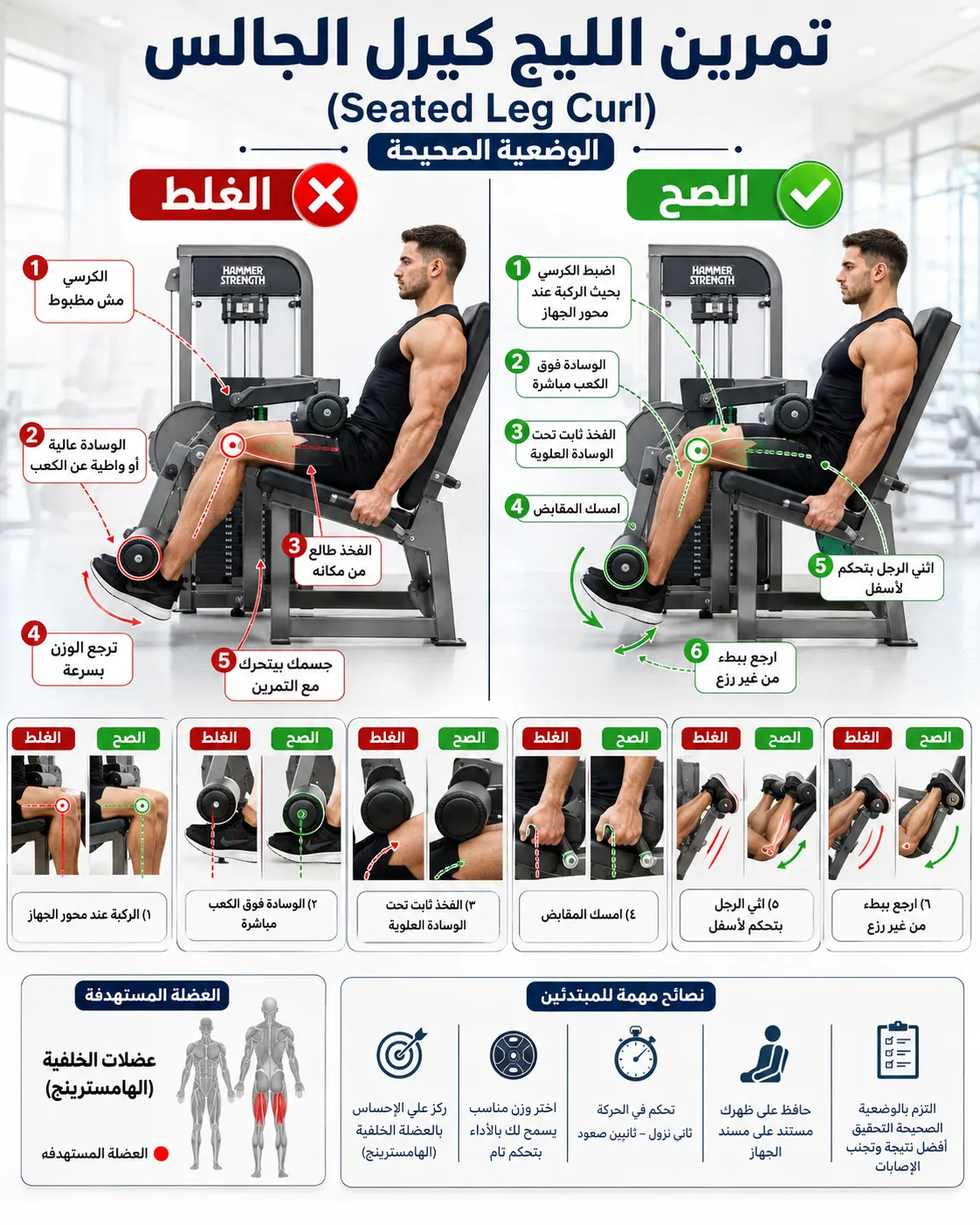 دليل الأداء الصحيح والخاطئ لتمرين ثني الرجل جالس