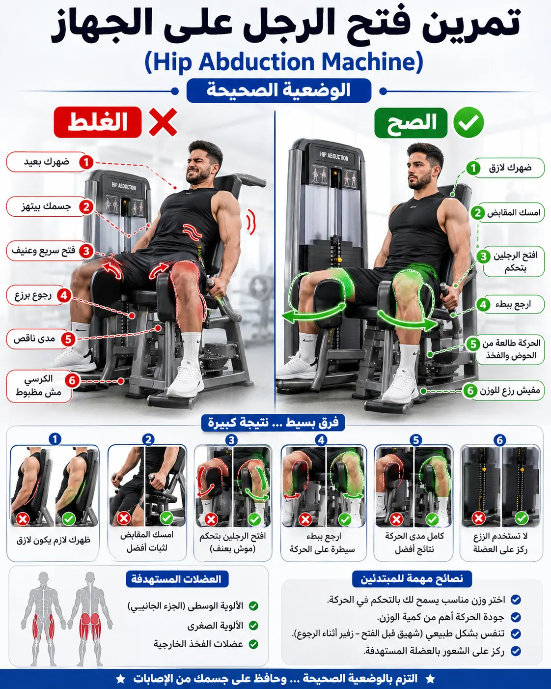دليل الأداء الصحيح والخاطئ لتمرين فتح الرجل على الجهاز